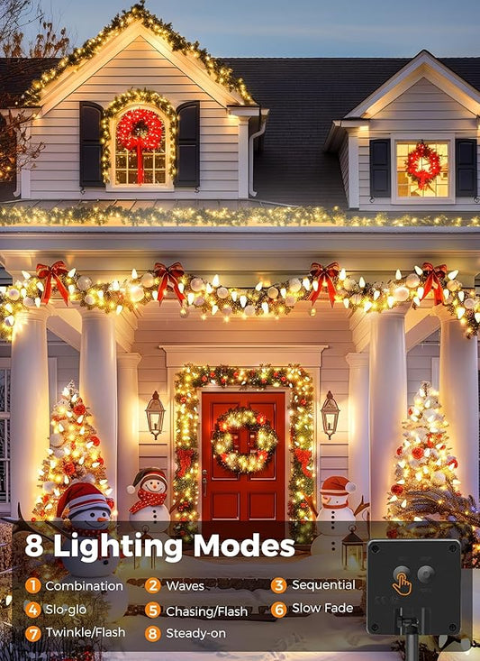 Solar Christmas Lights Outdoor, 50 LED C9 Strawberry String Light with Timer & 8 Light Mode, Waterproof Solar Christmas Tree Lights for Outside Garden Patio Party Christmas Decoration, Warm White