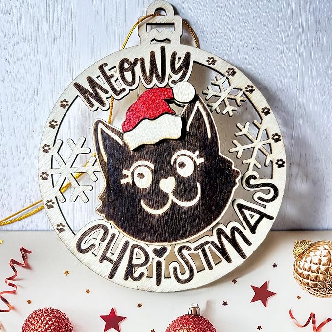Black Cat Meowy Christmas Ornament - 2025 Christmas Tree Ornament for Black Kitten Enthusiasts - Cat Xmas Decor Tree Hanging Ornament- Cute Wooden Holiday Decoration