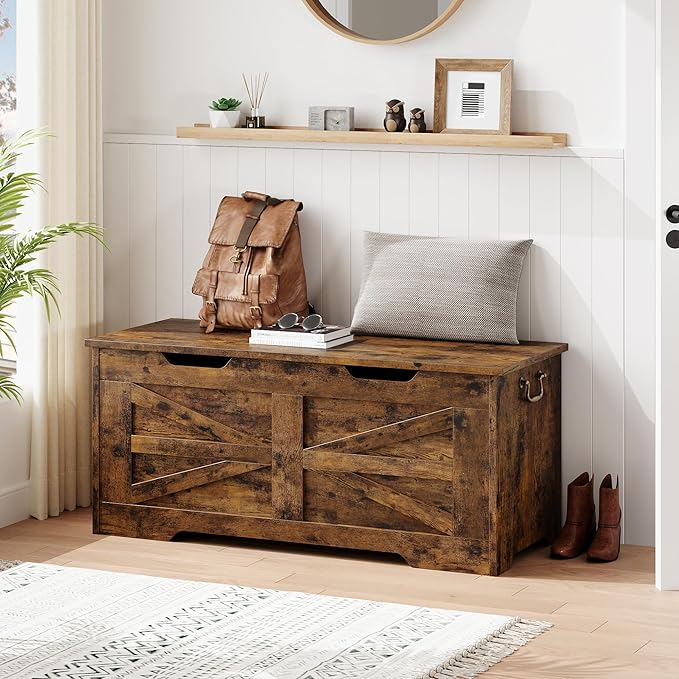 IDEALHOUSE Storage Chest, 39.4" Storage Bench Wooden Toy Chest Box, Farmhouse Storage Trunk with Safety Hinge, Supports 350 lbs, for Entryway, Living Room, Bedroom,Rustic Brown