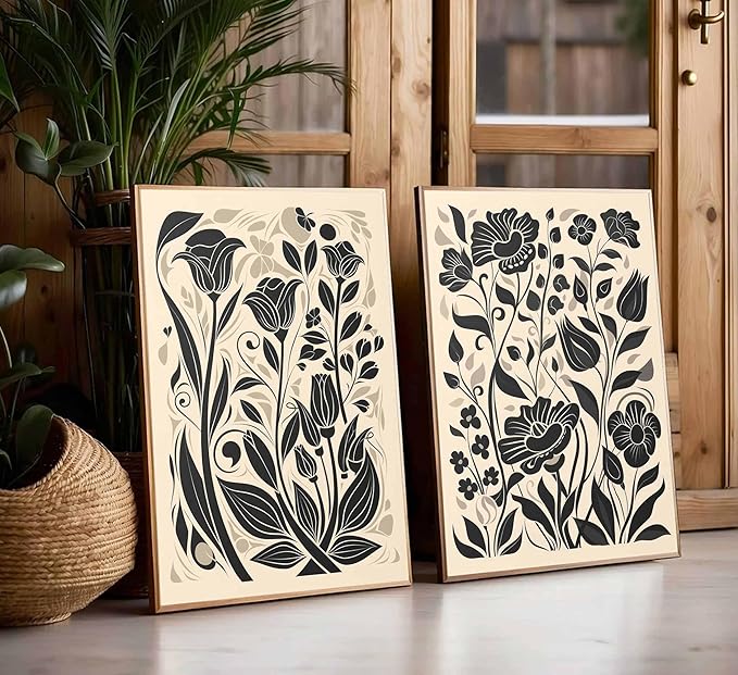 2 Pcs Boho Abstract Floral Canvas Wall Art Modern Minimalist Neutral Beige and Black Floral Botanical Wall Decor Poster Print Artwork for Living Room Bedroom Office Home Decoration Unframed