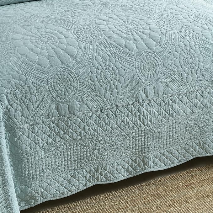 MarCielo 3-Piece 100% Cotton Oversized Bedspread Lightweight Quilt Coverlet Embroidery Farmhouse Bedding (Tf Aruba Blue, Oversized Queen (100"x106"))