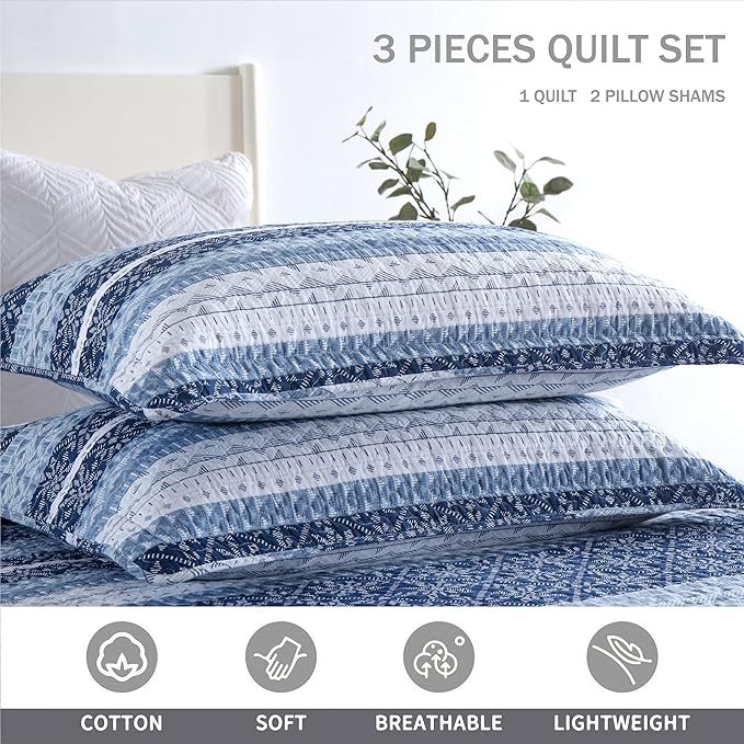 Homzard Quilts Queen Size,Blue White Snowflake Striped Quilt Bedspread Set,Cotton Boho Blue Comforter Set, Lightweight Comforter Queen Size (90 * 98 inches) and 2 Pillow Shams