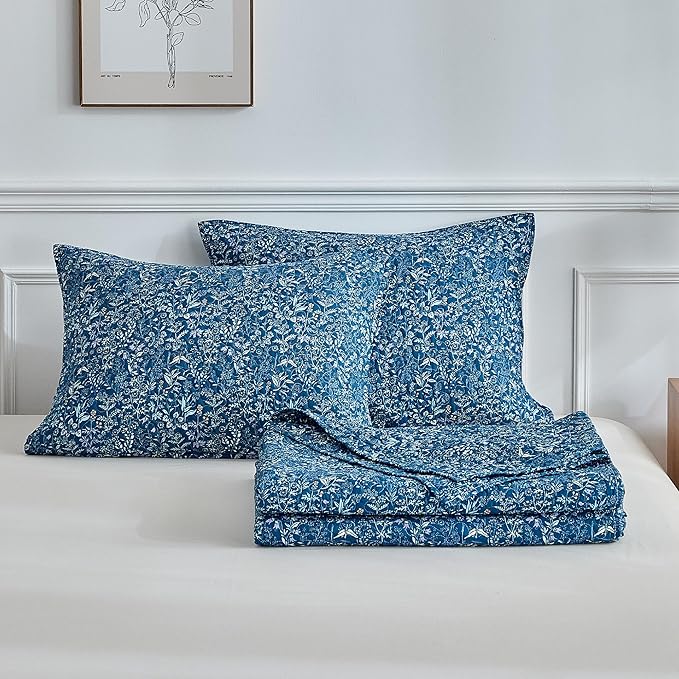 mixinni Navy Blue Quilt Set King Size, Garden Style Floral Bedding Set, 3-Piece Lightweight Quilted Bedspread Coverlet Set for All Season