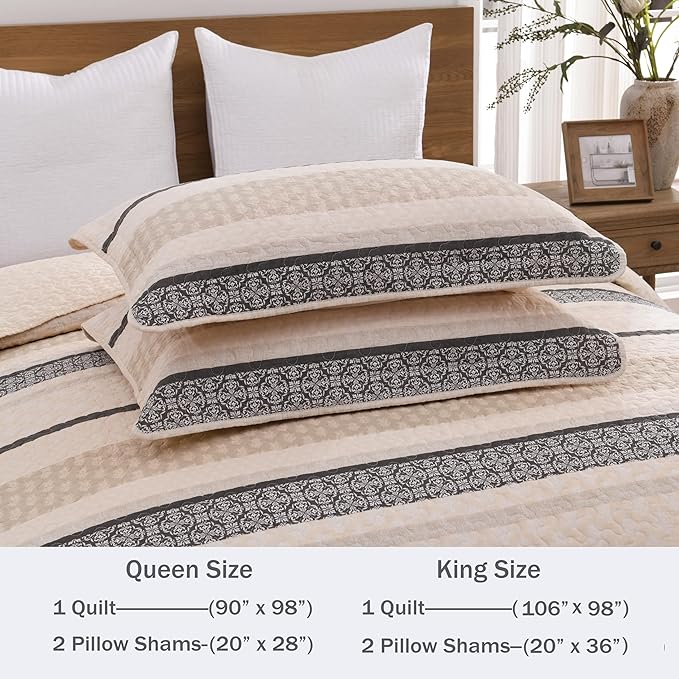 Homzard Quilts Queen Size, Cotton Comforter Set, Beige and Grey Queen Bed Set, Lightweight Striped Bedding, Farmhouse Reversible Bedspread All Season 3 Pieces