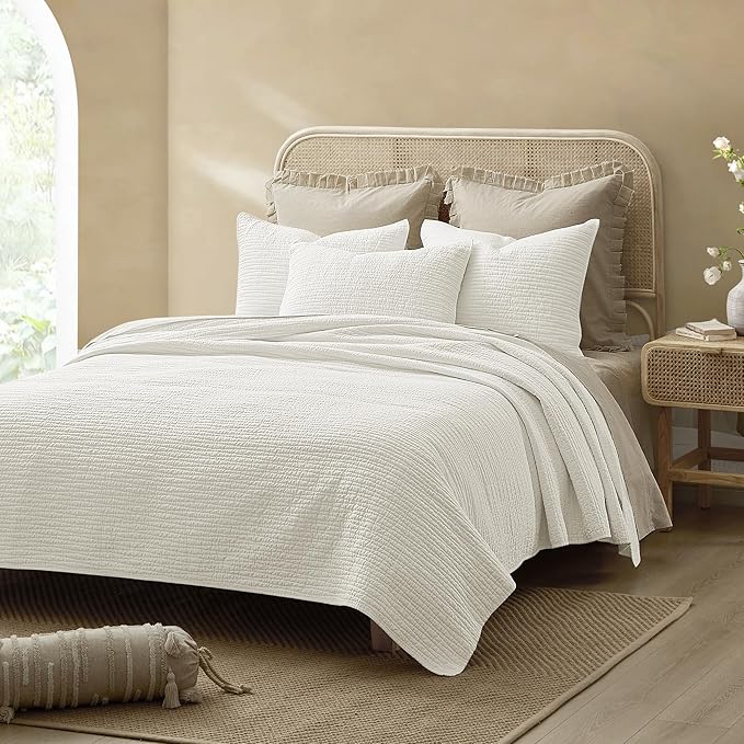Wonderful Linen Cotton Quilt Set Queen Size, 100% Cotton Back and Filling, 3 Piece Pre-Washed White Bedding Cover, Wave Stitched Bedspread Coverlet Bedding Set 3-Piece for All Seasons, 94"x94"