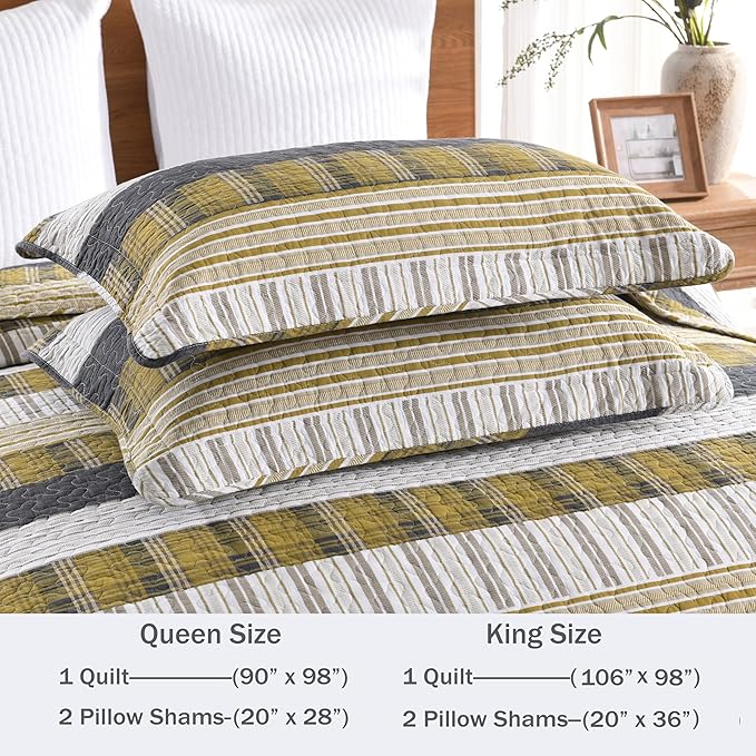Homzard Queen Comforter Set,Cotton Quilts Queen Size,Amber Green Black Bedding,Plaid Striped Bedspread,Lightweight Reversible Coverlet 3 Pieces