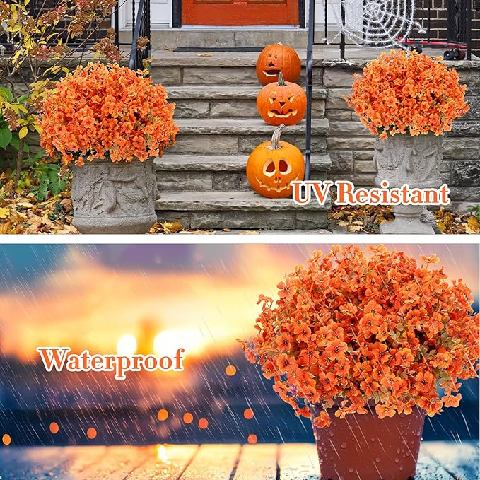 Fall Flowers Artificial for Decoration, Artificial Fall Mums Flowers for Outdoors, Fake Flowers Daisy Eucalyptus Realistic UV Resistant for Garden Patio Porch Home Decor (24, Orange-Green Leaves)