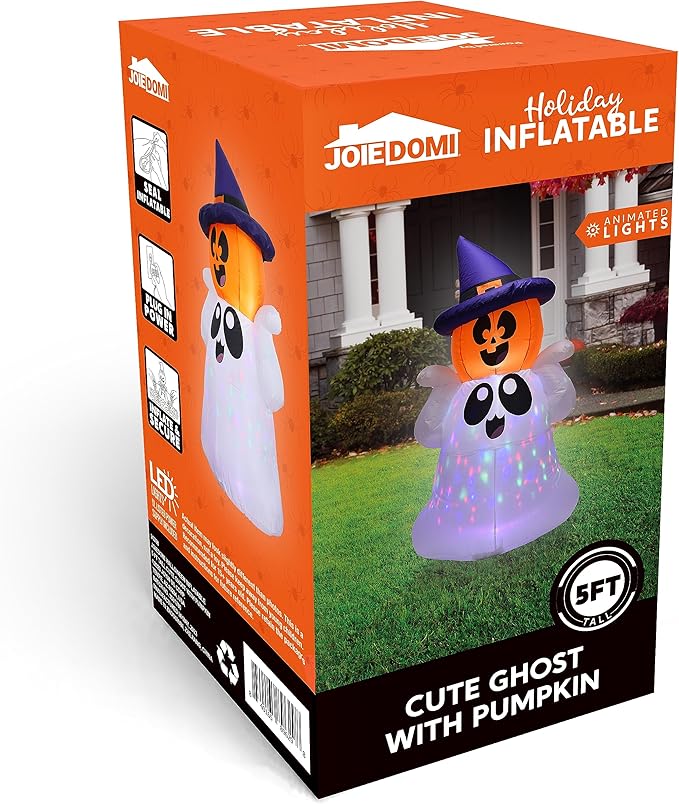 Joiedomi 5 FT Tall Halloween Inflatable Outdoor Decor, Blow Up Yard Decoration Ghost with Colorful LEDs, Inflatable Ghost with Pumpkin Witch Hat for Halloween Outdoor Decoration