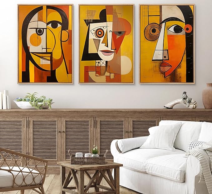 3Pcs Modern Abstract Portrait Canvas Wall Art Vintage Neutral Geometry Orange Contemporary Aesthetics Painting Picture Wall Decor Poster Print Artwork for Bedroom Living Room Office Bathroom Unframed