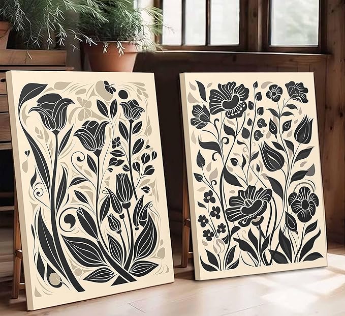 2 Pcs Boho Abstract Floral Canvas Wall Art Modern Minimalist Neutral Beige and Black Floral Botanical Wall Decor Poster Print Artwork for Living Room Bedroom Office Home Decoration