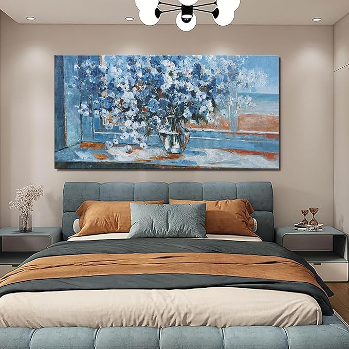 Large Wall Art Canvas Painting Blue Floral Wall Art Pictures Wall Decor Canvas Print For Living Room Bedroom Dining Room Home Office Decor 30"X60"