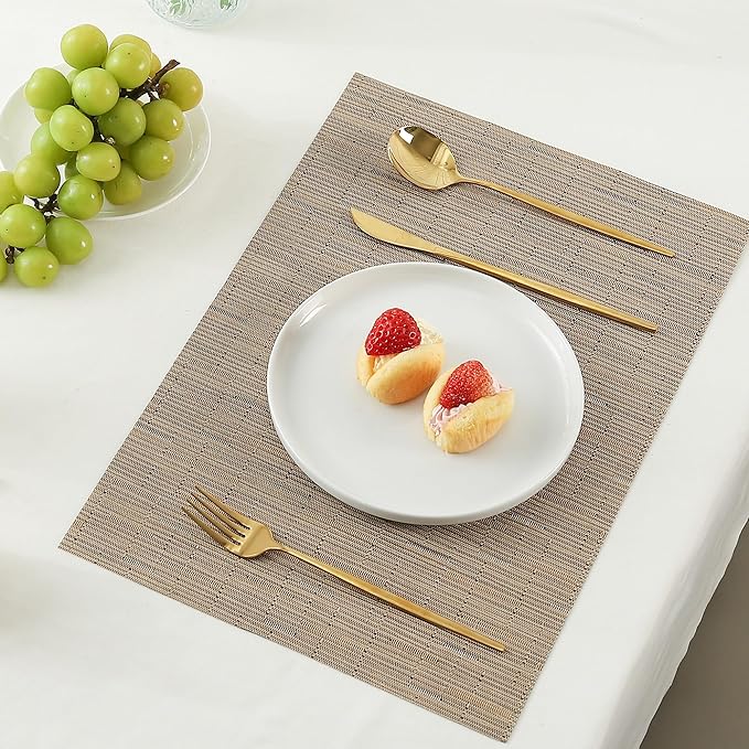 Leetaltree Light Brown Placemats Set of 8 - Heat Resistant Non-Slip Place mats for Dining Table, Washable Durable PVC Vinyl Woven Table Mats(Light Brown, 8)