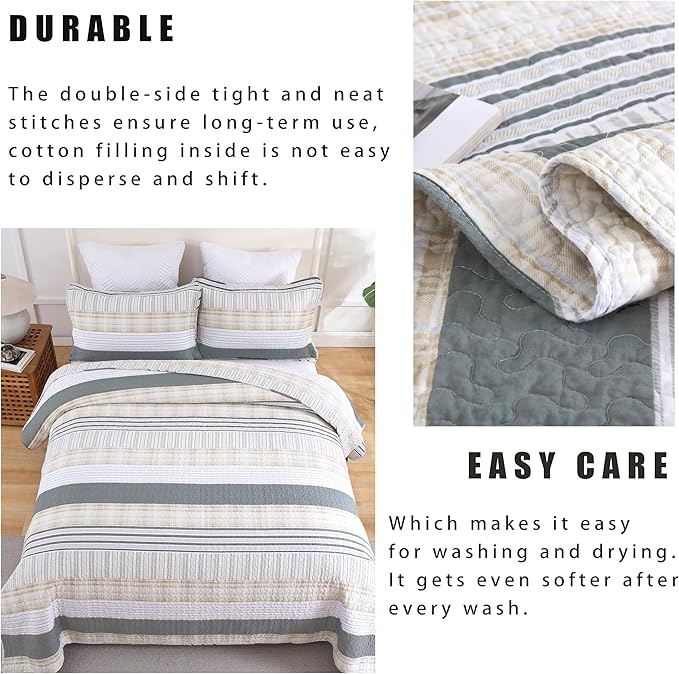 Homzard Twin Quilt, Cotton Comforter Set, Cream Grey Quilt Bedding,Reversible Lightweight Twin Bedspread,2 Pieces