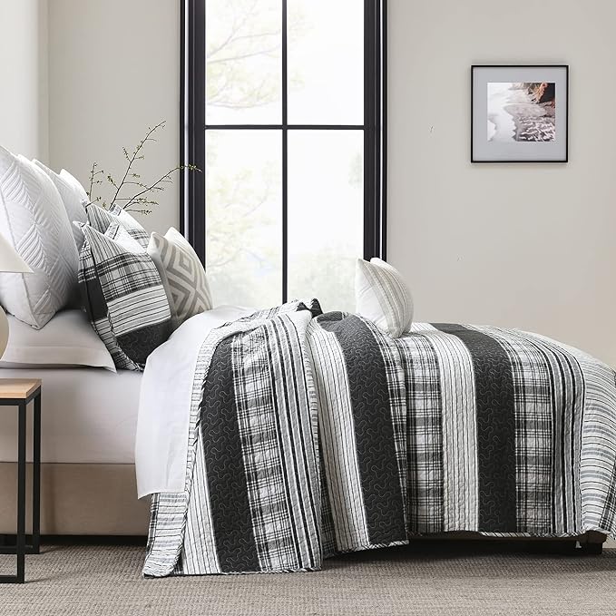 Homzard Quilts Queen Size - Black and White Queen Quilt Bedding Set, Farmhouse Grey Striped Quilt, Lightweight Reversible Comforter Bedspread Set, 3 Piece All Season 100% Cotton