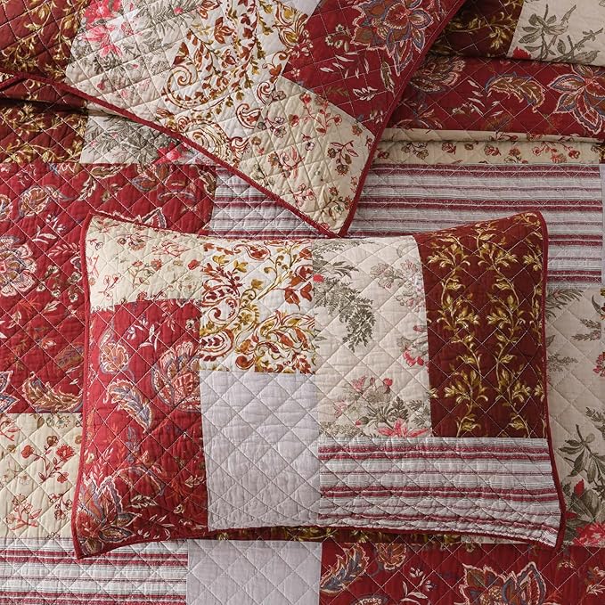 mixinni 100% Cotton Quilt Set King Size, Reversible Patchwork Lightweight Quilted Bedspread Coverlet Set Boho Burgundy Floral Bedding Comforter Set with 2 Pillow Shams for All Season (106"x98")