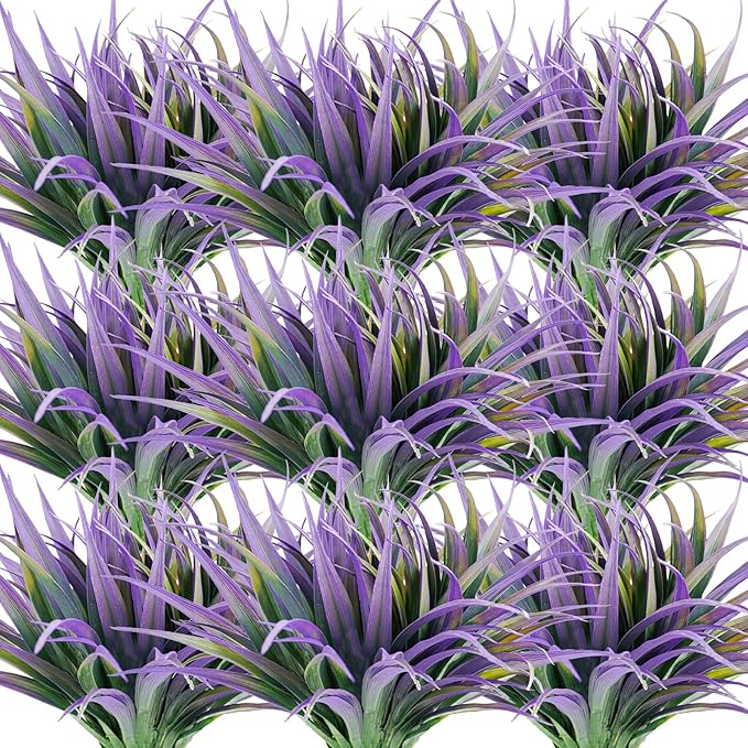 Artificial Fake Grass, 24 PCS Outdoor Faux Plastic Plants Greenery UV Resistant for Outside Home Window Box Garden Office Patio Hanging Planter Front Porch Décor (Dark Purple+Green)