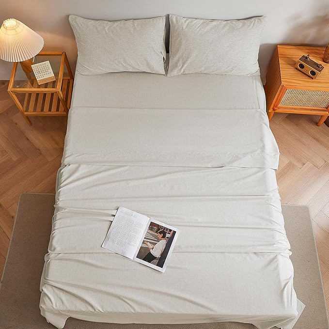 King Sheets Khaki, Ultral Soft Cationic Linen Look Sheets, Luxury Cooling Cozy Bed Sheet Set with Non-Slip Fitted Sheet