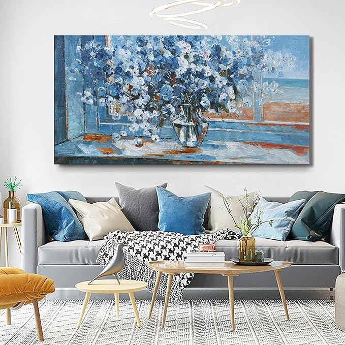 Large Wall Art Canvas Painting Blue Floral Wall Art Pictures Wall Decor Canvas Print For Living Room Bedroom Dining Room Home Office Decor 30"X60"