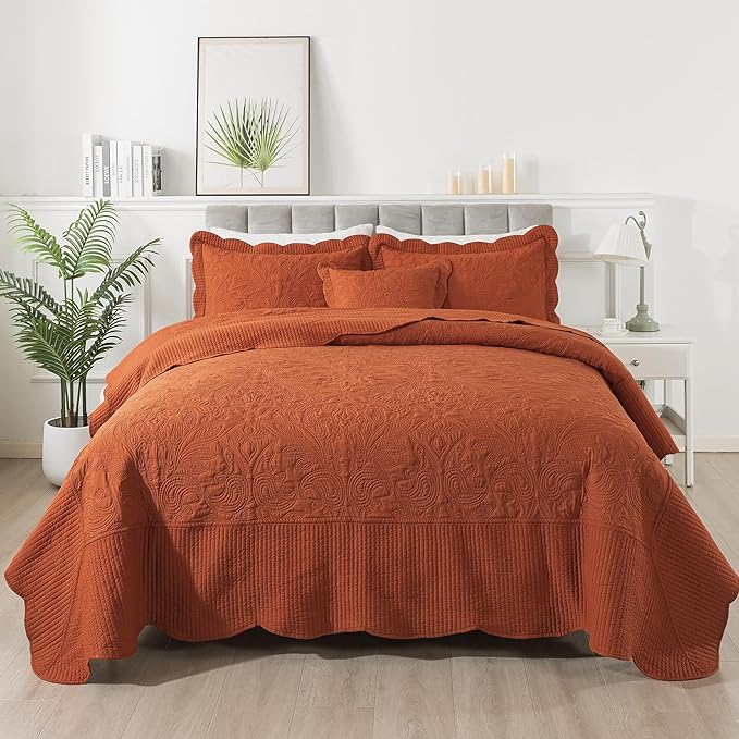 HoneiLife Oversized King Bedspreads - California King Quilt 128x120, 4-Piece Cal King Quilt Sets,Rustic Bedding Sets King Size,Extra Large Coverlets Lightweight Bed Cover for All Season Use-Rust