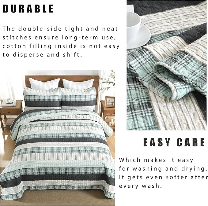 Homzard King Comforter,Cotton King Size Quilt,Teal Black White Bedding Set,Plaid Striped Bedspread,Lightweight Reversible Coverlet All Season 3 Pieces
