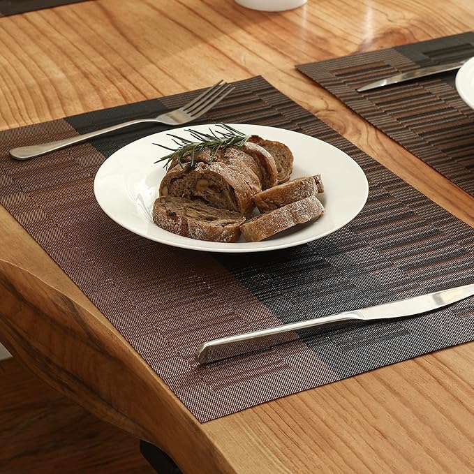 Leetaltree Brown with Black Striped Placemats Set of 6 - Heat Resistant Non-Slip Place mats for Dining Table, Washable Durable PVC Vinyl Woven Table Mats(Brown Stripe, 6)