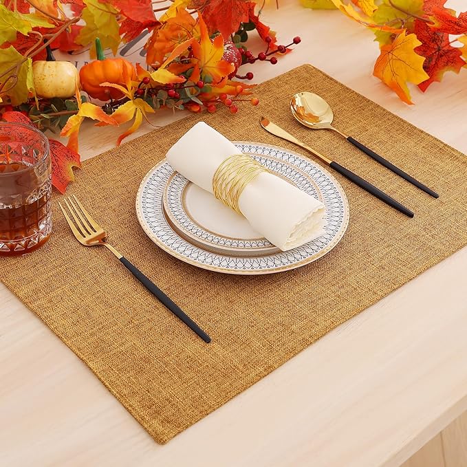 homing Amber Cloth Placemats Set of 8 – Cotton Linen Blend Washable Farmhouse Dining Table Mats for Fall & Thanksgiving, Easy to Clean, 13 x 19 Inch
