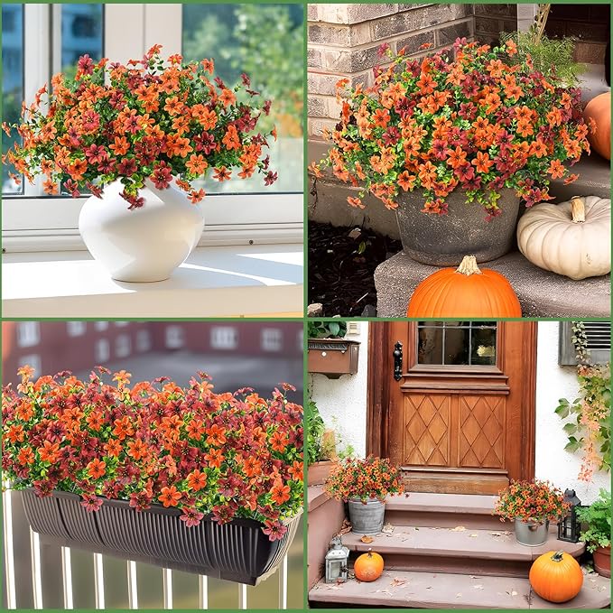 Artificial Mums Flowers Outdoors Autumn Decor, Fall Fake Silk Daisy UV Resistant, 12 Bundles Outside Faux Flower Plants for Home Garden Porch Patio Yard Balcony Window (Orange Brown)