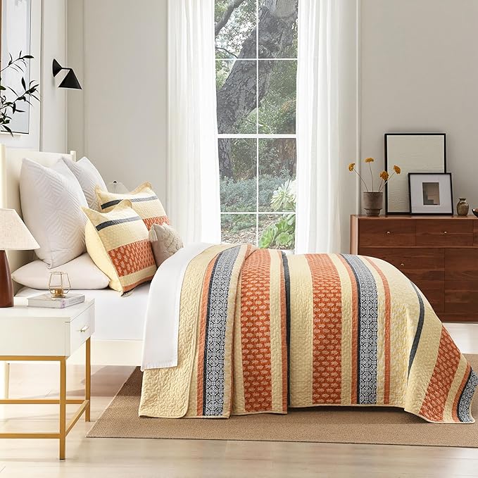 Homzard Quilt Bedding Set - Cotton Quilt Sets Queen Szie,Orange Grey Black Queen Size Bed, Farmhouse Lightweight Bedspread Set, 3 Piece All Season