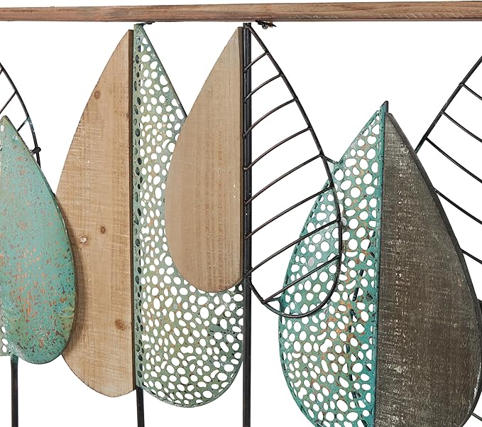 Deco 79 Wood Leaf Home Wall Decor Cutout Wall Sculpture with Green and Black Metal Wire Accents, Wall Art 47" x 3" x 22", Brown