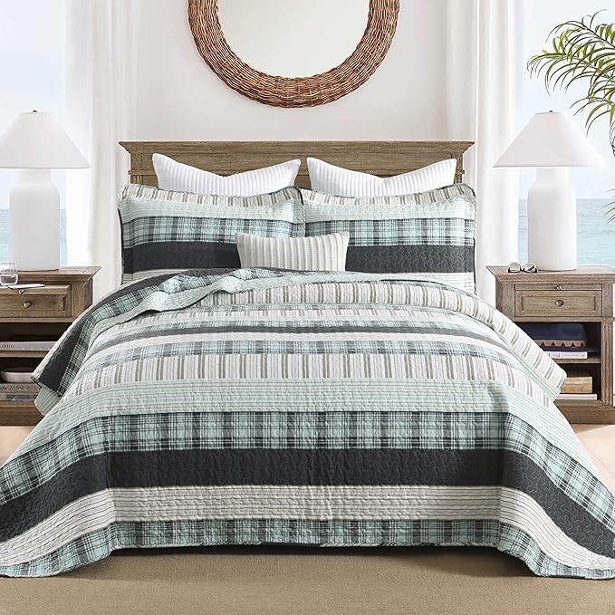 Homzard King Comforter,Cotton King Size Quilt,Teal Black White Bedding Set,Plaid Striped Bedspread,Lightweight Reversible Coverlet All Season 3 Pieces