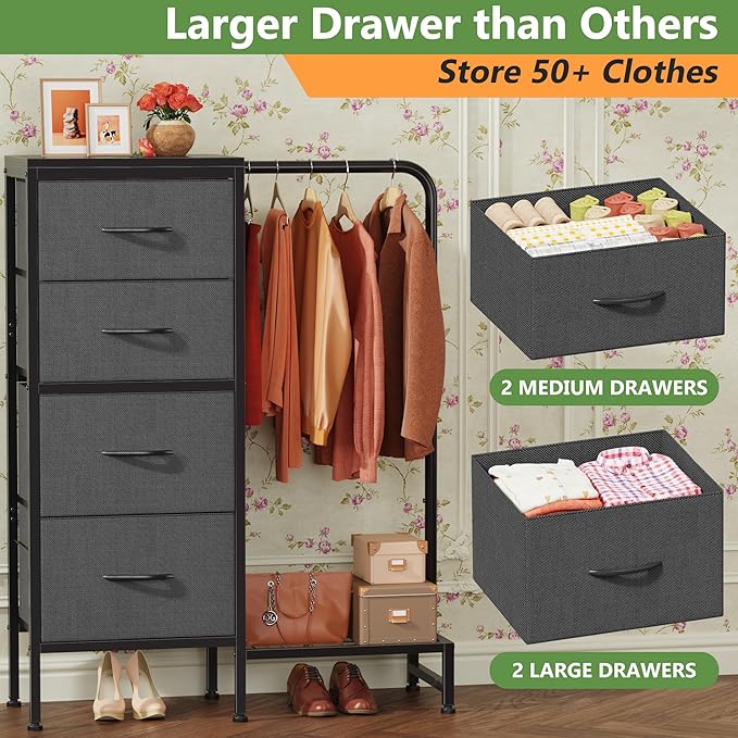 Dresser with Hanging Rack, 4 Drawers Small Closet for Bedroom, Reversible Fabric Kids Dresser for Closet with Clothes Rack, Tall Chest of Drawers, Sturdy Frame, Grey, 44''H
