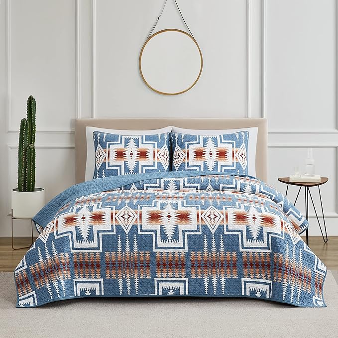 PENDLETON Harding Denim Blue Comforters Queen Size, Wrinkle-Resistant Bedding Cover for Vibrant Summer Rustic Geomeric Farmhouse Decor, Quilt with Matching Pillow Shams, Full/Queen, Denim