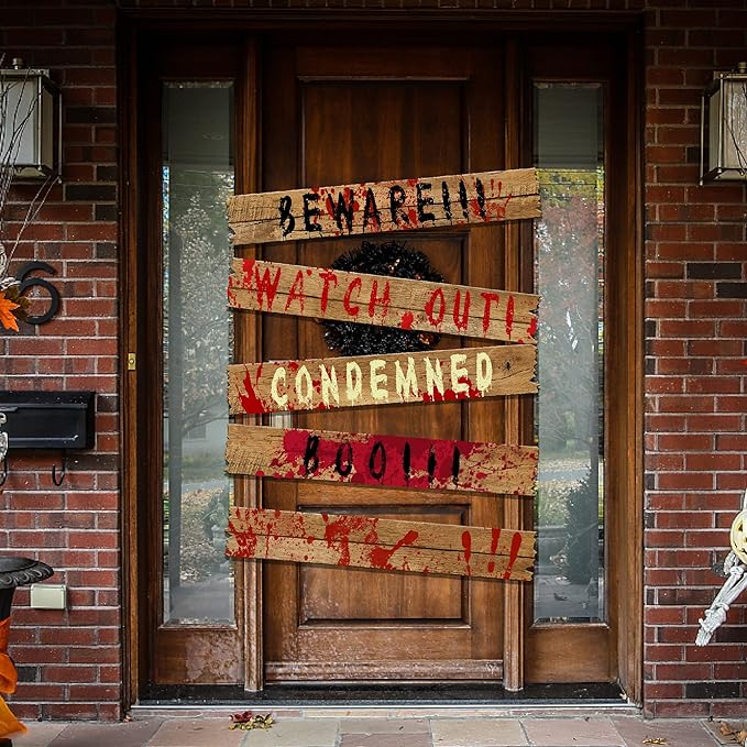 10pcs 39"x4.7" Halloween Haunted Window Boards, Beware Signs Window Warning Signs,Waterproof Outdoor Scary Sign for Halloween Party Decoration (10pcs window boards)