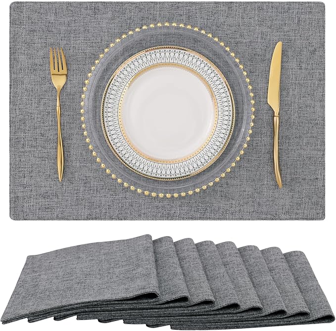 homing Dark Grey Cloth Placemats for Dining Table Set of 8 – Cotton Linen Blend Washable Farmhouse Kitchen Mats for Indoors & Outdoors - Easy to Clean 13 x 19 Inch
