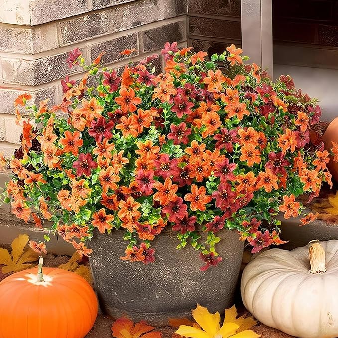 Artificial Mums Flowers Outdoors Autumn Decor, Fall Fake Silk Daisy UV Resistant, 12 Bundles Outside Faux Flower Plants for Home Garden Porch Patio Yard Balcony Window (Orange Brown)