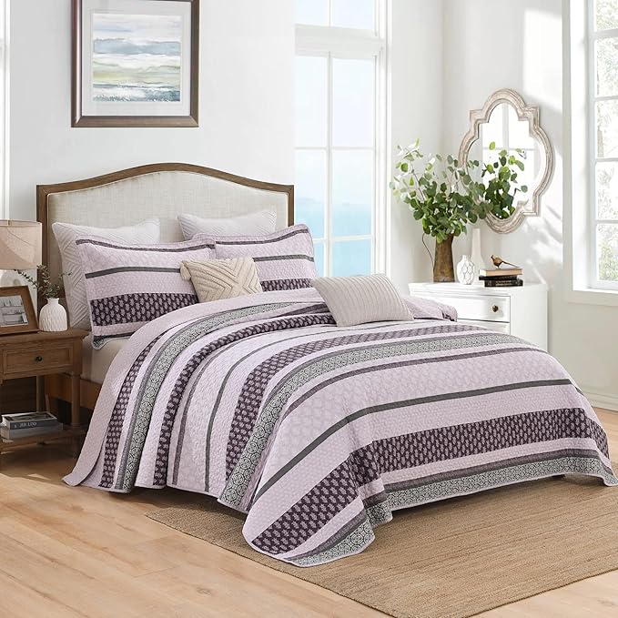 Homzard King Size Comforter Set, Cotton Quilt, Purple and Grey Bedding Set, Lightweight Striped Bedspread, Reversible Coverlet King Size (106"X98") with 2 Pillow Shams All Season