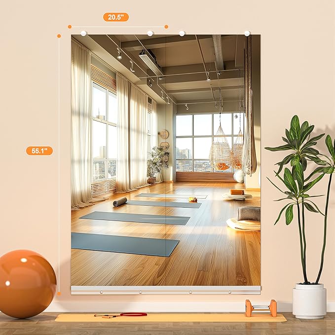 Hasipu Home Gym Mirror, 55"x21" Each, 3-Pack Frameless Wall Mounted Mirrors with Glass Clamps & Aluminum Rail, Large Body Mirror for Home Gym, Yoga Studio, Bedroom, Silver Tempered Glass