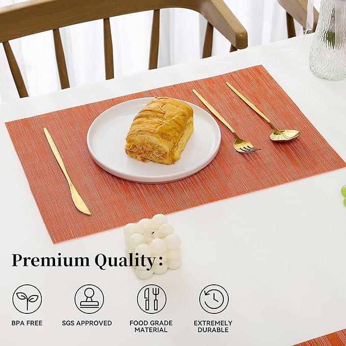 Leetaltree Orange Placemats Set of 4 - Heat Resistant Non-Slip Place mats for Dining Table, Washable Durable PVC Vinyl Woven Table Mats(Orange, 4)