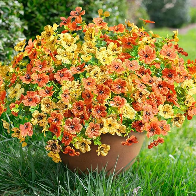 Artificial Silk Fall Mums Plants Flowers for Outdoor Outside Decoration, 12 Bundles Fake Faux Orange Yellow Daisy UV Resistant Realistic for Autumn Porch Patio Home Yard Planter