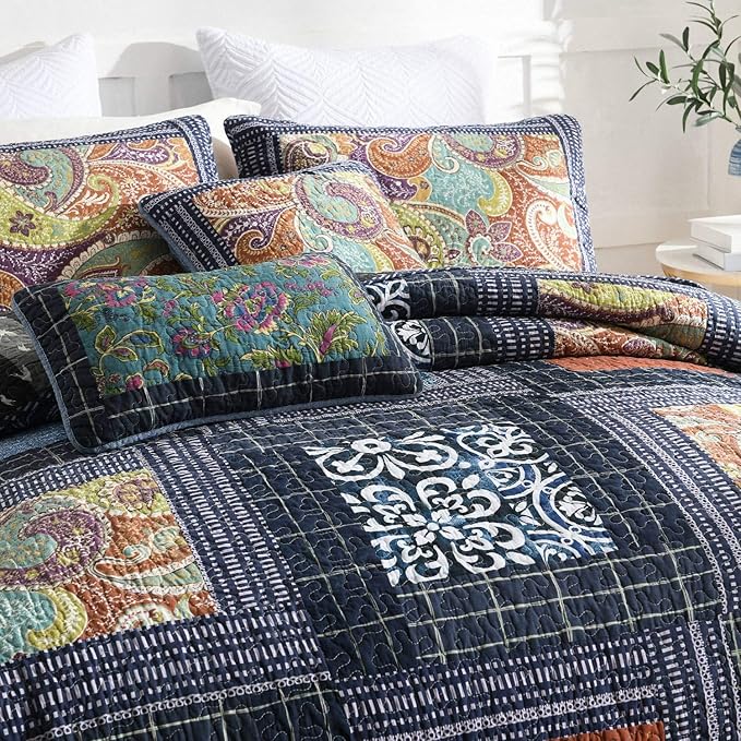 NEWLAKE Bedspread Quilt Set with Real Stitched Embroidery, Paisley Grid Pattern,King Size