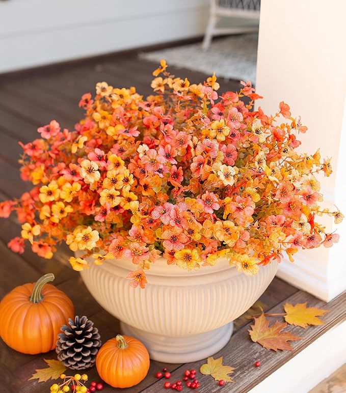 Artificial Fall Flowers Faux Mums for Outdoor Indoor Garden Home Decoration, Faux Flower Daisy with Eucalyptus Leaves Fake Mums Plants Greenery Boxwood Porch Patio, 12 Bundles