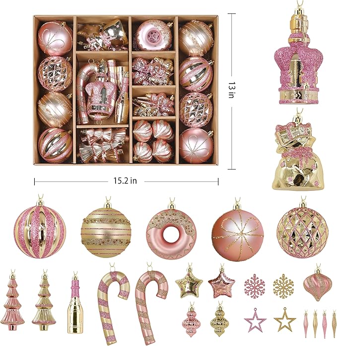 SHareconn 70pcs 2025 Classic Christmas Balls Ornaments Set, Shatterproof Plastic Baubles, Ribbon and Tree Topper for Xmas Tree Holiday Wedding Party Decorations with Hanging Strings, Pink and Gold