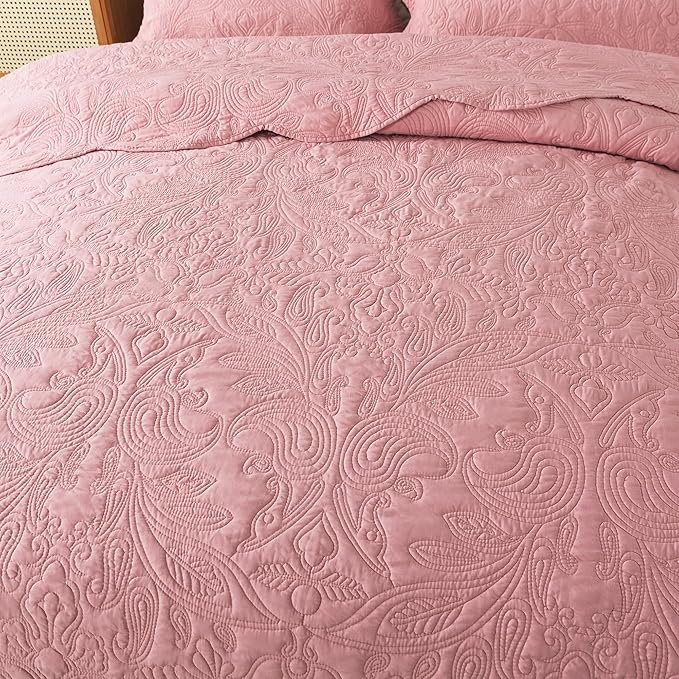 HoneiLife Queen Quilt Bedding Set - 3 Pieces Microfiber Quilt Sets Lightweight Bedspreads Reversible Coverlets Rustic Bed Cover Floral Bedding Set All Season Quilts-Pink
