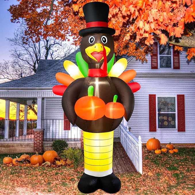 10FT Thanksgiving Inflatables Turkey Decorations, Giant Thanksgiving Blow up Turkey Decor Built-in LED Lights Autumn Fall Harvest Decorations for Holiday Outdoor Yard Lawn Garden Patio Decor