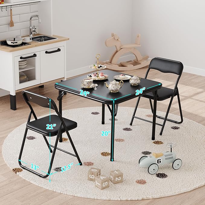 IDEALHOUSE Boys and Girls Folding Table and Chairs Set of 3, Portable Table and Chair with Pu Soft Cushion,Suitable for Eating,Reading and Playing