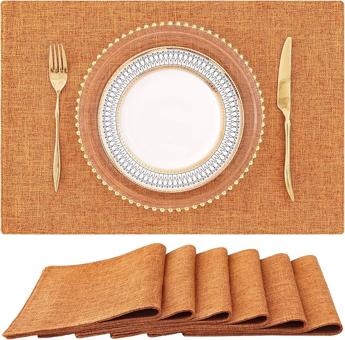 homing Orange Cloth Placemats Set of 6 – Cotton Linen Blend Washable Farmhouse Dining Table Mats for Fall & Thanksgiving, Easy to Clean, 13 x 19 Inch