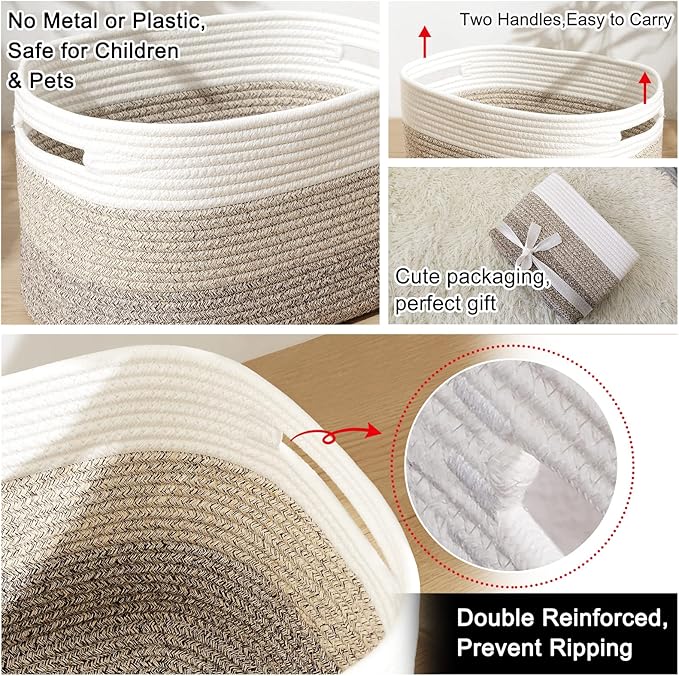 OIAHOMY Rectangle Woven Storage Basket - Nursery Cotton Rope Baskets for Storage For Living Room, Toy and Blanket Organizing, 18"x14"x12"- Pack of 3 - Gradient Yellow