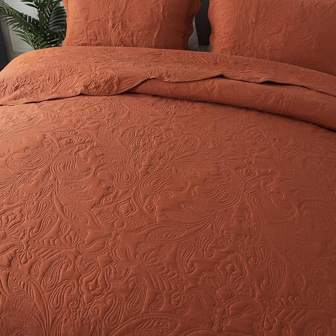 HoneiLife Queen Quilt Bedding Set - 3 Pieces Microfiber Quilt Sets Lightweight Bedspreads Reversible Coverlets Retro Bed Cover Paisley Pattern Bedding Set All Season Quilts-Rust