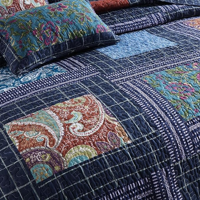 mixinni 100% Cotton Gorgeous Floral Quilt Set, King Size Quilted Bedding Set, Boho Reversible Navy Blue Patchwork Paisley Pattern Bedspread Coverlet Set with 2 Pillow Shams for All Seasons (106"x98")