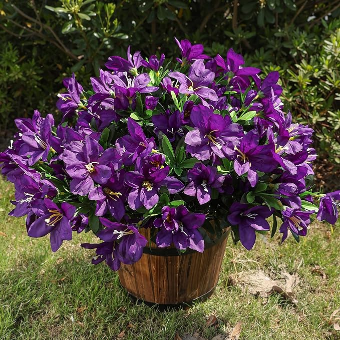 INSPRING Artificial Faux Plants Flowers for Outdoors 3 Bundles Fake Silk Azalea Flowers for Outside Summer Decoration UV Resistant Realistic Fake Flower for Outside Planter Patio Garden Walkways Home